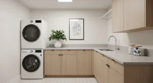 Minimal decorated laundry room with neutral tones