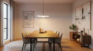 Dining table with statement lighting fixture
