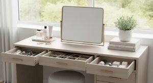 Vanity room with built-in storage and organized setup