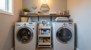 Laundry room with rolling cart for extra storage