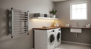 Fold-down drying rack in small laundry room