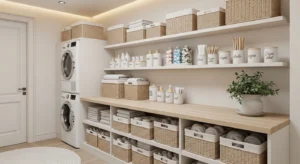 Matching storage creating a clean laundry room look