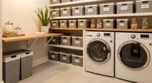 Matching containers creating organized laundry space