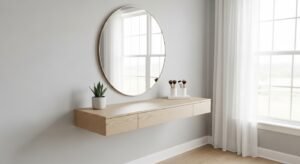 Floating makeup desk creating a modern and airy setup