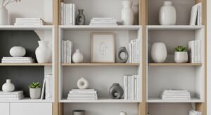 Open shelving styled with books and decor pieces
