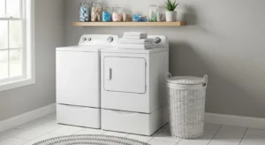 Laundry hamper placed near machines for convenience