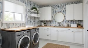 Laundry room with bold wallpaper and modern design