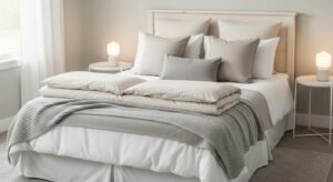 Layered bedding creating a cozy bedroom look