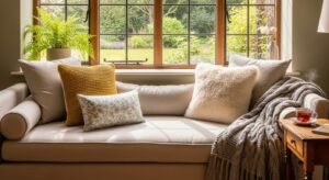 Layered window seating creating a cozy relaxing spot