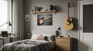 Bedroom wall decor showcasing hobbies
