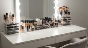 Makeup desk with acrylic organizers for neat storage