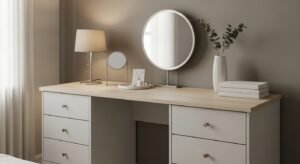 Compact vanity with storage drawers and neat layout