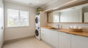 Neutral color laundry room design for small spaces