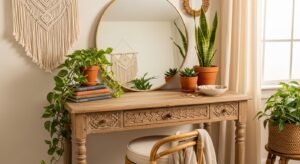 Boho vanity setup with natural textures and plants
