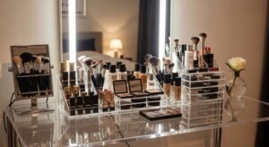 Vanity with acrylic organizers for clean makeup storage