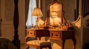 Antique wooden vanity with carved details and vintage decor