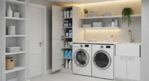 Vertical storage unit in narrow laundry room