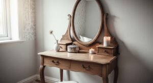 Vintage vanity with oval mirror and soft classic styling