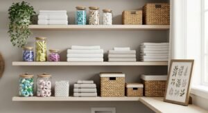 Laundry room with open shelving and stylish organization