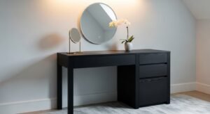 Dark vanity adding bold contrast to room interior