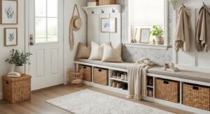 Woven baskets used for mudroom storage and organization