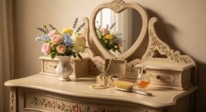 Vintage vanity decorated with floral accents