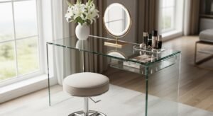 Glass makeup desk creating a light and airy space