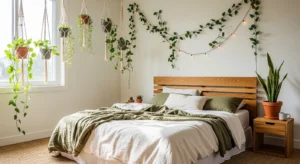 Bedroom wall decor with indoor hanging plants