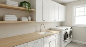 White and wood laundry room with modern clean design