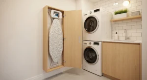 Foldable ironing board saving space in laundry room