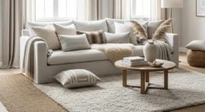 Neutral layered living room decor