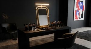 Dark makeup desk adding bold contrast to room