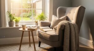 Cozy reading corner with chair and soft lighting