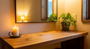 Rustic vanity with natural wood finish and cozy decor