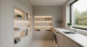 Built-in shelves for space-saving laundry storage