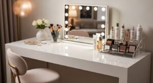 Glam makeup desk with LED mirror lighting setup