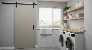 Sliding barn door used in modern laundry room