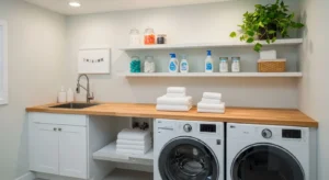 Countertop above machines creating folding space