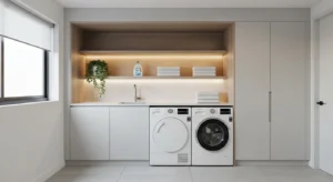 Built-in niche shelves saving space in a laundry room