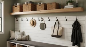 Hooks and shelf combination for mudroom organization