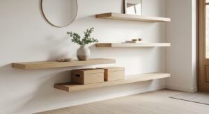 Floating shelves in mudroom creating light and open feel