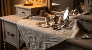 Vintage vanity with mixed textures and cozy feel