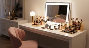 Glam vanity room with mirror lights and elegant decor