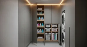 Vertical cabinets maximizing storage in a small laundry space