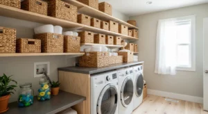 Open baskets used for laundry room storage