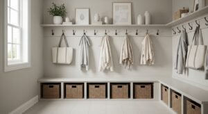 Color-coordinated mudroom storage for a clean look