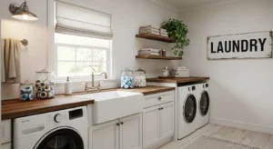 Neutral farmhouse laundry room design