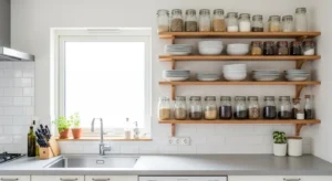 Kitchen with open shelving and organized decor