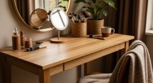 Wooden makeup desk with natural and warm interior feel