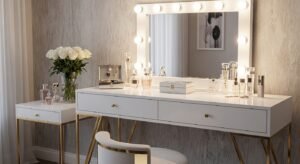 Glam vanity setup with gold accents and soft luxury look